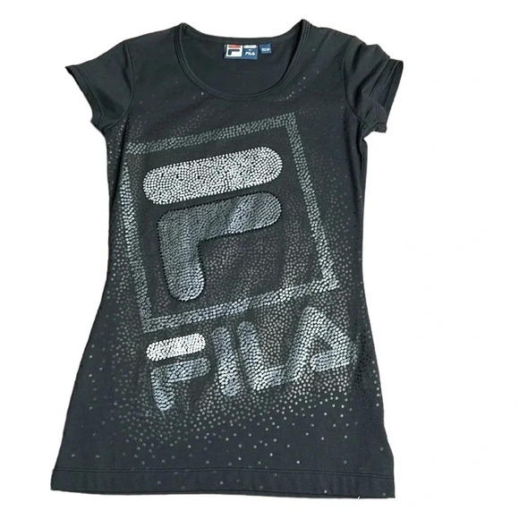 Y2K  vintage FILA  XS  fitted t shirt , NWT ,Black,beaded logo,large print - Picture 2 of 11
